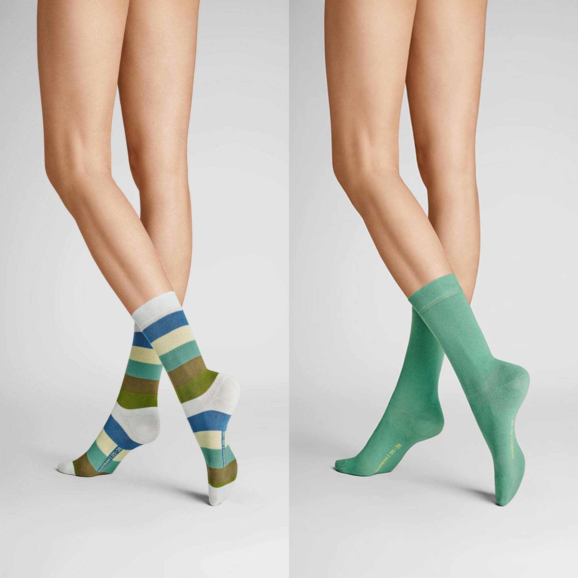 HUDSON Damen MOTLEY 2-PACK -  35/38 - Damen Socken mit beliebtem Blockringel - Bud-green (Grün)